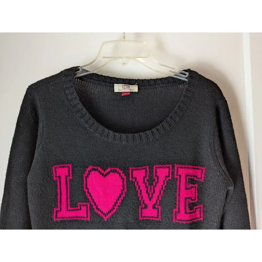 L.E.I. Vtg. Y2K Large Jr. High Low Sweater Black Hot Pink LOVE Preppy Spellout